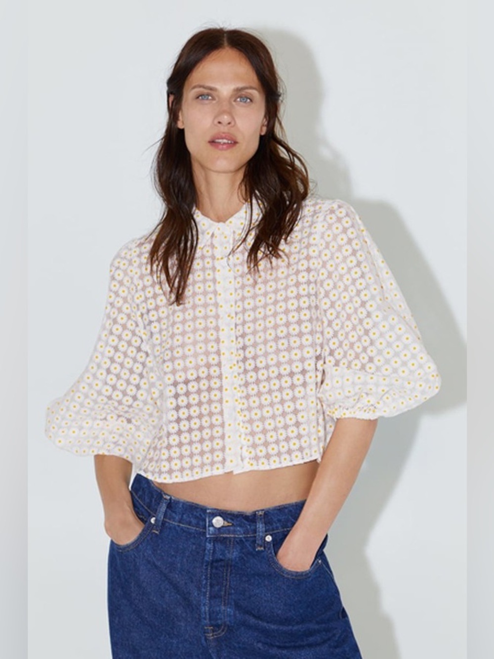 Zara White Button-Down Blouse with Yellow Daisy Print